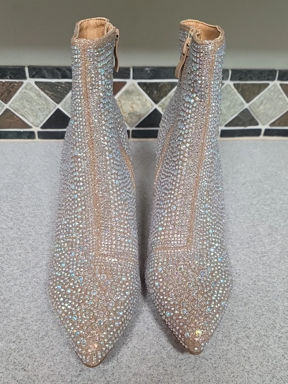 Crystal Embellished Nude Pointed Toe Ankle Boots - Women
